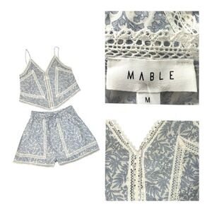MABLE (Anthropology) Pajama Set Blue Floral Lace Cami Shorts Sz M Org $160 NWT